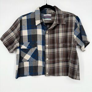 Urban Renewal Vintage Fabric Cropped Patchwork Plaid Flannel Shirt Medium